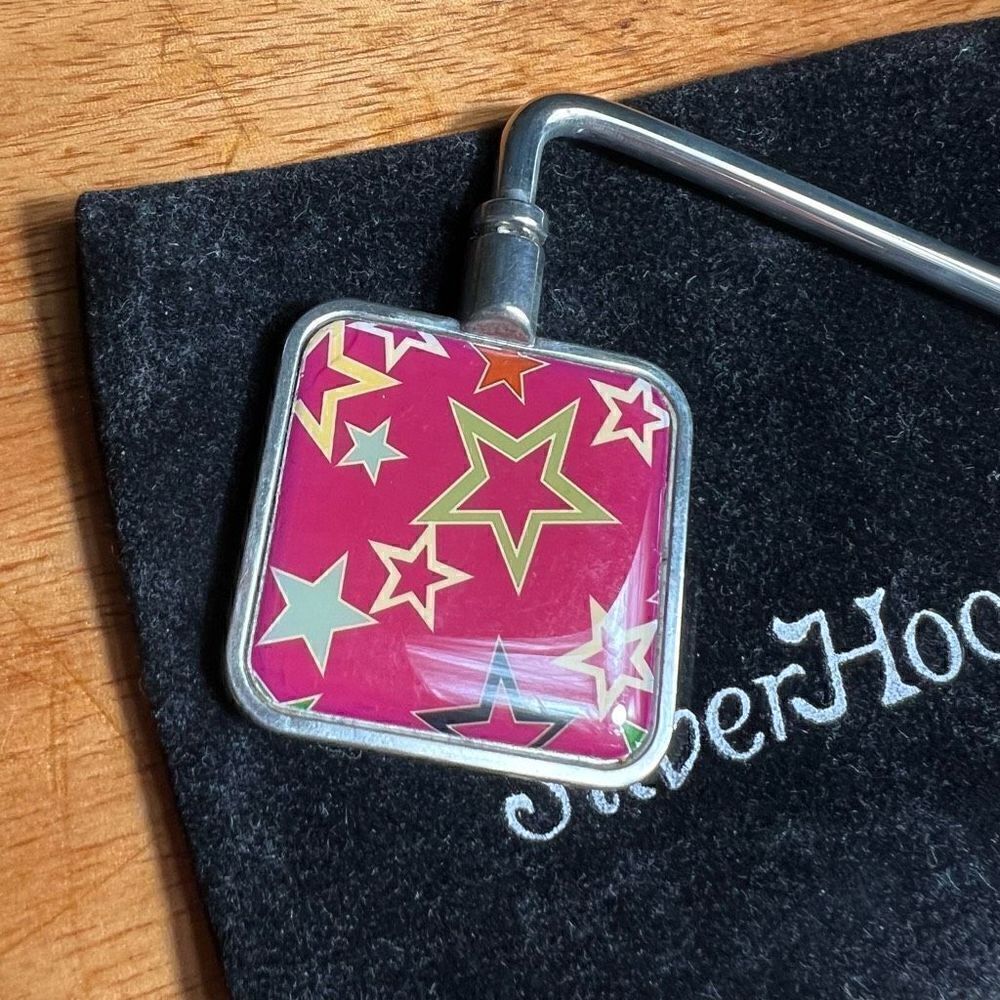 SilverHooks Purse Holder Hook, Red MultiColor Stars, Comes with Pouch - Picture 2 of 4